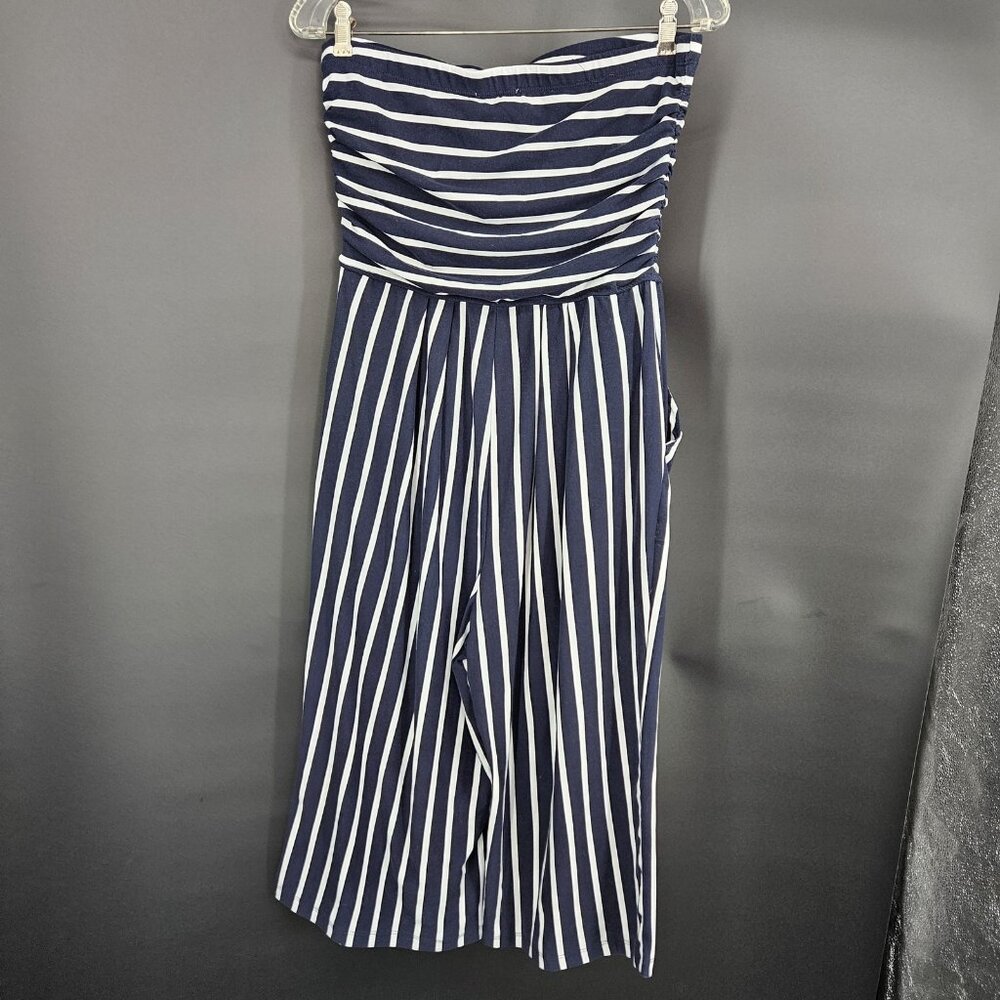 Jumpsuit Junior Large Navy White Stripe Strapless Capri Pockets Nautical Coastal - Picture 9 of 16